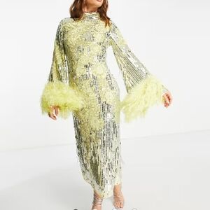 ASOS EDITION floral sequin and bead midi dress with faux feather cuff in lemon